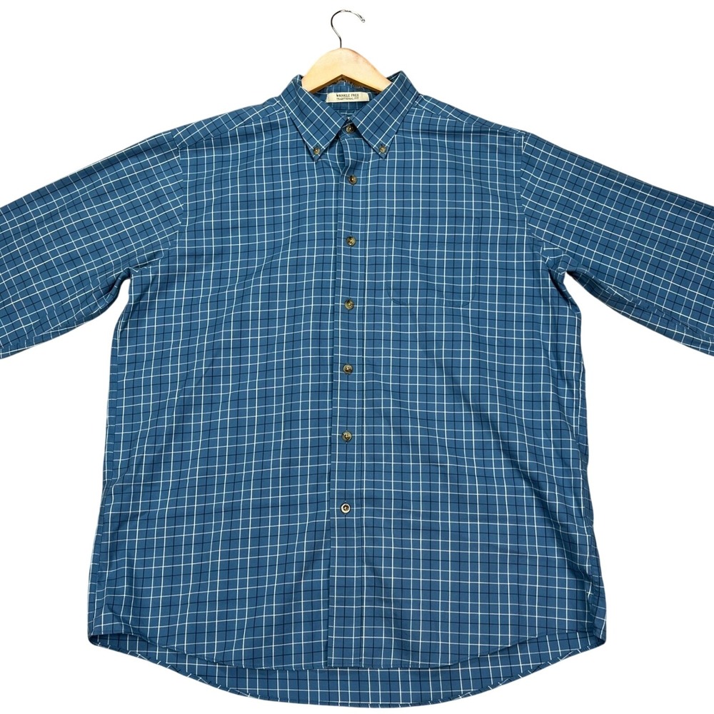LL Bean Shirt Mens Large Blue White Graph Check Long Sleeve Button Down EUC